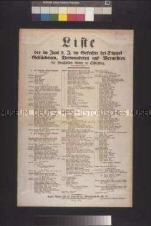 Maueranschlag: Liste der im Juni d. J. im Gefechte bei Düppel Gebliebenen, Verwundeten und Vermißten der Preußischen Armee in Schleswig; undatiert