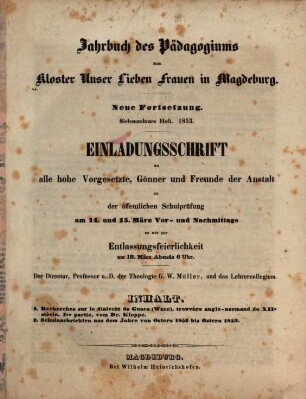 Jahrbuch des Pädagogiums zum Kloster Unser Lieben Frauen in Magdeburg und Einladung zum Schulaktus. 17. 1853