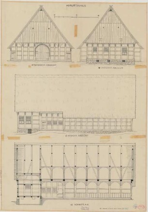 Wittigenhöfen bei Leese (Kreis Lemgo): Hof Führing. Haupthaus (Nordostansicht, Südostansicht, Südwestansicht, Längsschnitt)