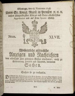 Num. XLVII. Montags, den 18. November 1748.