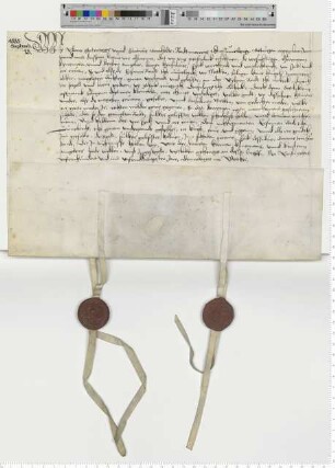 Schadlosbrief in Anlass eines Lübecker Erbfalls; besiegelt durch die Ratsmannen Claus Stoterogge und Statius Borcholte.