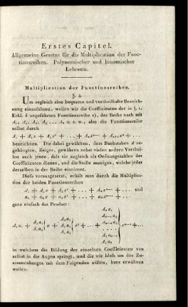 Erstes Capitel. Allgemeine Gesetze für die Multiplication der Functionsreihen. Polynomischer und binomischer Lehrsatz.