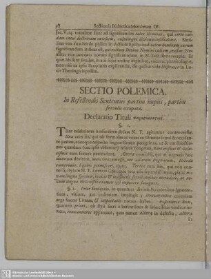 Sectio Polemica. In Refellendis Sententiis partim impiis, partim frivolis occupata