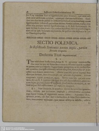 Sectio Polemica. In Refellendis Sententiis partim impiis, partim frivolis occupata