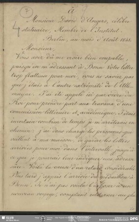 Abschrift (2 Exemplare) von August Wilhelm von Schlegel an Pierre Jean David D'Angers, Berlin, 1841