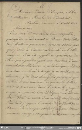 Abschrift (2 Exemplare) von August Wilhelm von Schlegel an Pierre Jean David D'Angers, Berlin, 1841