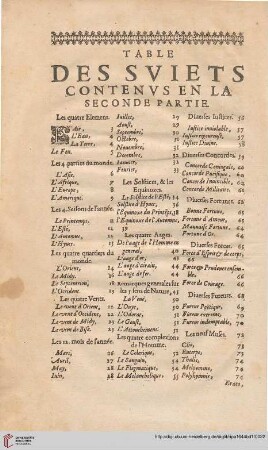 Table des suits contenus en la seconde partie