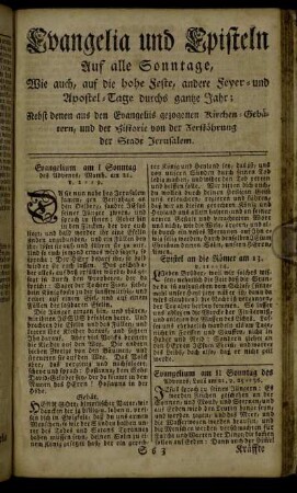 Evangelia und Episteln Auf alle Sonntage, Wie auch, auf die hohe Feste andere Feyer- und Apostel-Tage durchs gantze Jahr;[...]