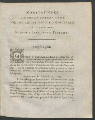 Meditationes In Generalem Ventorum Causam In Quibus Tentatur Solutio Problematis Ab Illustrissima Academia Berolinensi Propositi.