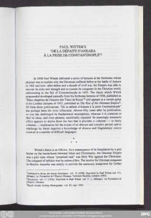 Paul Wittek's "De La Défaite D'Ankara À La Prise De Constantinople"
