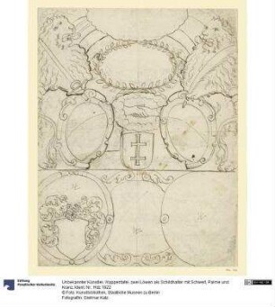 Wappentafel, zwei Löwen als Schildhalter mit Schwert, Palme und Kranz