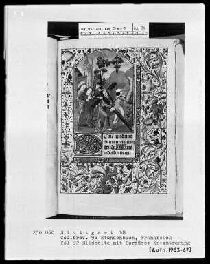 Lateinisch-französisches Stundenbuch (Livre d'heures) — Miniatur im Bordürenrahmen und Textanfang, Folio 92recto