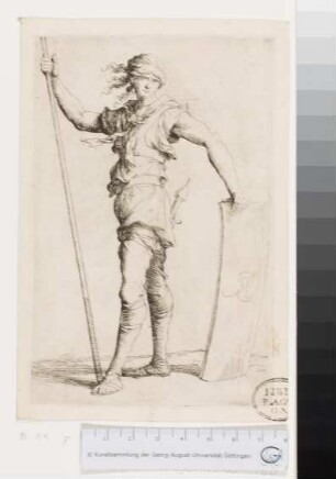 Kriegsknecht, mit Lanze, mit der Linken auf ein Schild gestützt
