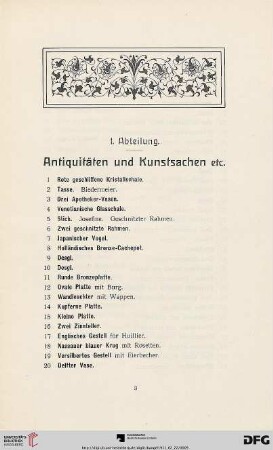 I. Abteilung. Antiquitäten und Kunstsachen etc. (Nr. 1-418)