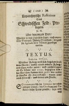 Unpartheyische Reflexions Eines Schwedischen Feld-Predigers.