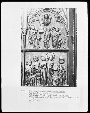 Johannes auf Patmos und Kieselsteinwunder (linker Altarflügel, innen)