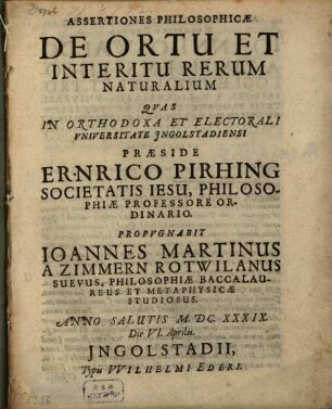 Assertiones philosophicae de ortu et interitu rerum naturalium