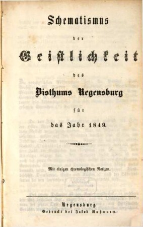 Schematismus des Bistums Regensburg. 1849