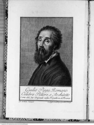 Descrizione storica delle pitture del Regio-Ducale Palazzo del Te fuori della porta di Mantova detta PusterlaKonterfrontispiz mit dem Porträt Giulio Romanos - Controfrontespizio: Ritratto di Giulio Pippi Romano