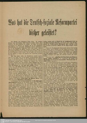 Was hat die Deutsch-soziale Reformpartei bisher geleistet? : [Wahlaufruf zur Wahl von V. H. Welcker, Dresden]
