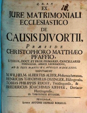 Diss. ex iure matrimoniali ecclesiastico, de causis divortii