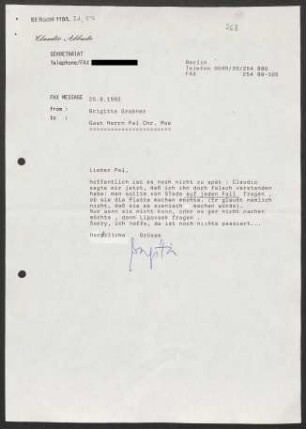 Brief an Pål Christian Moe, 25.08.1992