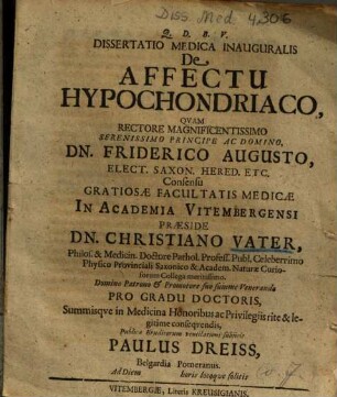 Dissertatio Medica Inauguralis De Affectu Hypochondriaco