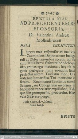 Epistola XLII. Ad Praecedentem Responsoria. D. Valentini Andreae Mollenbroccii Hala Chemnitium