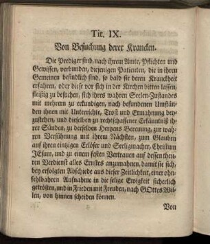 Tit. IX. Von Besuchung derer Krancken.