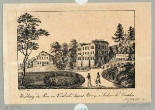 Die alte Königliche Villa (Palais) des Königs Friedrich August II. am Weinberg in Wachwitz bei Dresden, links das alte Gärtnerhaus, später Küchenhaus, rechts die neogotische Kapelle