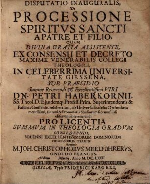 Disputatio inauguralis de processione Spiritus Sancti a Patre et Filio