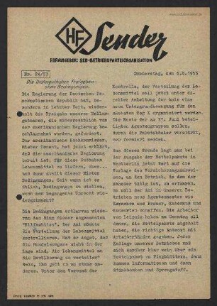 'HF-Sender' [Flugblatt], Nr.24/1953 (6. August 1953)