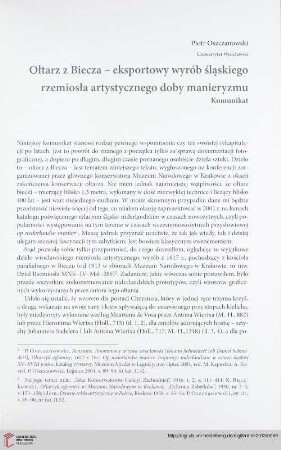 Seria nowa: Ołtarz z Biecza - eksportowy wyrób śląskiego rzemiosła artystycznego doby manieryzmu : komunikat