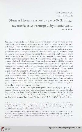 Seria nowa: Ołtarz z Biecza - eksportowy wyrób śląskiego rzemiosła artystycznego doby manieryzmu : komunikat