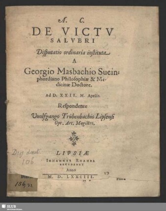 De Victv Salvbri Disputatio ordinaria instituta
