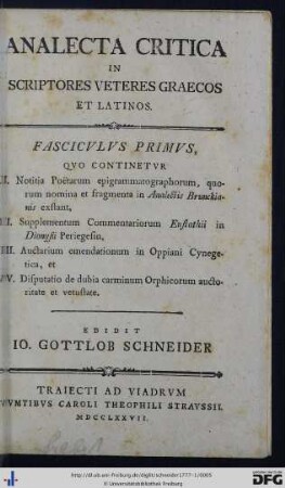 Fasciculus Primus: Analecta Critica In Scriptores Veteres Graecos Et Latinos