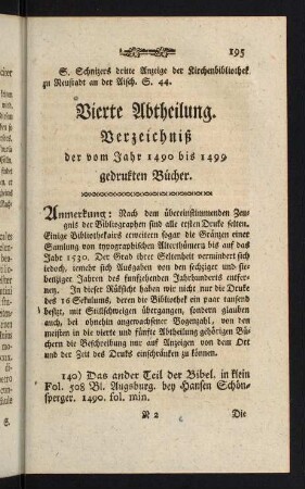 195-272, Vierte Abtheilung. Verzeichnis der vom Jahr 1490 bis 1499 gedrukten Bücher