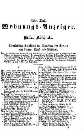 Erster Theil. Wohnungs-Anzeiger. Erster Abschnitt