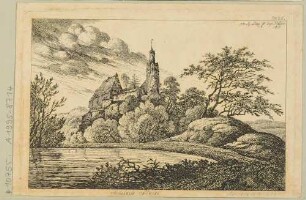 Das Schloss (Burg) Stein (Hartenstein-Stein) südöstlich von Zwickau am Ufer der Zwickauer Mulde, Blick aus nördlicher Richtung, aus Lenz’ "50 Landschaften ..."