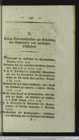 X. [XI.] Einige Toilettenschriften zur Erhaltung der Gesundheit und weiblichen Schönheit