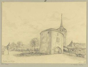 Das Schülertor und Turm in Bautzen in Ostsachsen, im Nordosten der Stadt, Zustand vor dem Abriss des Rondells mit Torbogen im Jahre 1840