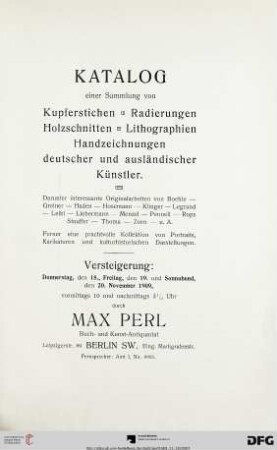 Katalog einer Sammlung von Kupferstichen, Radierungen, Holzschnitten, Lithographien, Handzeichnungen deutscher und ausländischer Künstler ... : Versteigerung 18., 19. und 20. November 1909 (Katalog Nr. 10)