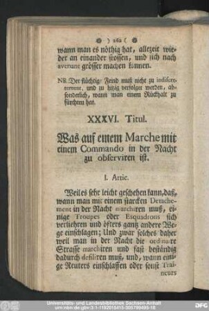 XXXVI. Titul. Was auf einem Marche mit einem Commando in der Nacht zu observiren ist.