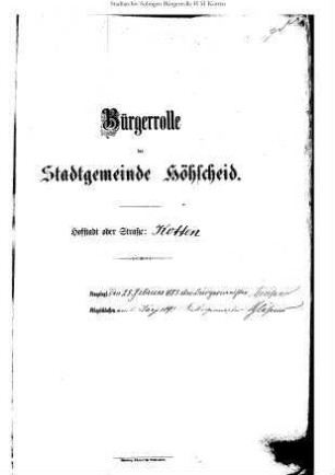 Höhscheid: Kotten 1885 – 1898 / 1898 – 1909 / 1909 - 1921