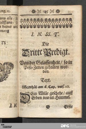 Die Dritte Predigt. Von der Belassenheit / so in Pest-Zeiten gehalten worden.