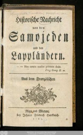 Historische Nachricht von den Samojeden und den Lappländern : Aus dem Französischen