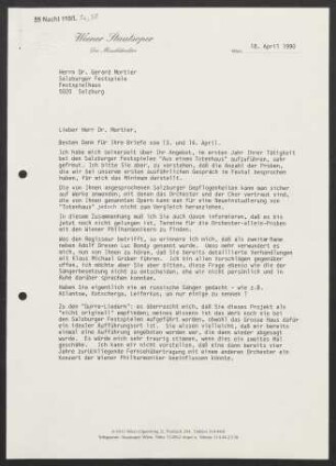 Brief an Gerard Mortier an Salzburger Festspiele, 18.04.1990