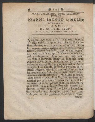 Praenobilissimo Doctissimoque Ivveni Joanni Jacobo A Melle Lubecensi S.P.D. Jo. Gottfr. Tympe ...