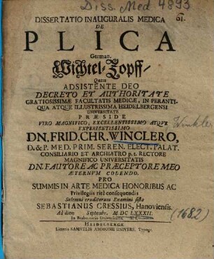Dissertatio Inauguralis Medica De Plica German. Wichtel-Zopff