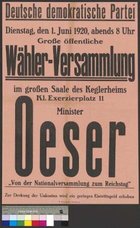 Plakat zu einer Wahlversammlung der DDP am 1. Juni 1920 in Braunschweig